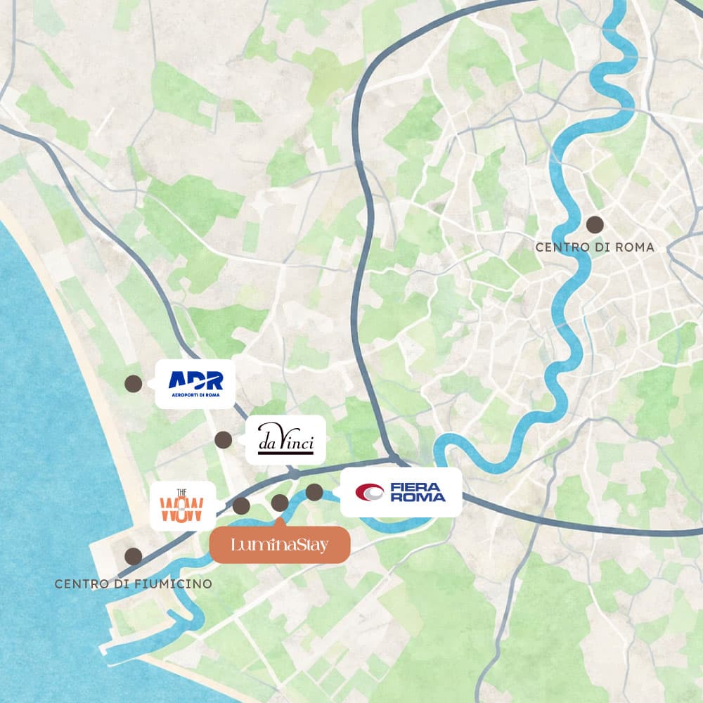 Mappa stilizzata con Lumina, Fiumicino, aeroporto e collegamenti verso Roma